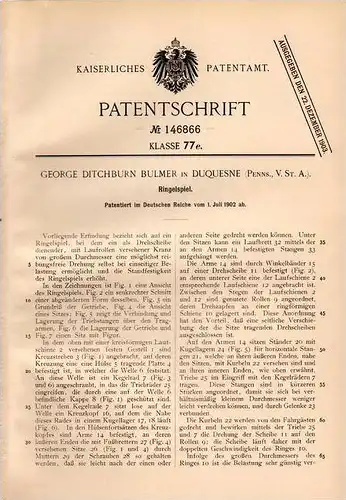 Original Patentschrift - G. Bulmer in Duquesne , Penns., USA , 1902 , carousel , Karussell  , Ringelspiel !!!