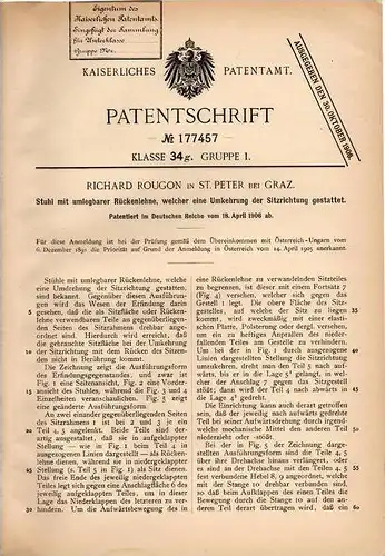 Original Patentschrift - Richard Rougon in St. Peter b. Graz , 1906 , Stuhl mit umlegbarer Rückenlehne !!!