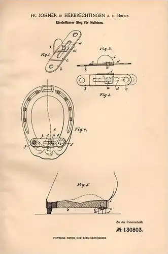 Original Patentschrift - Fr. Johner in Herbrechtingen a. Brenz b. Heidenheim ,1901,Einstellbarer Hufeisen - Steg , Pferd
