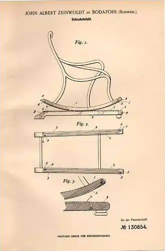 Original Patentschrift - J. Zeinwoldt in Bodafors , Schweden , 1901 , Schaukelstuhl !!!