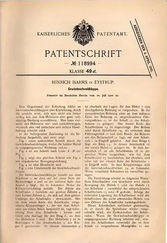 Original Patentschrift - H. Harms in Eystrup b. Hoya u. Nienburg , 1900 , Gewindeschneidkluppe , Gewindeschneider !!!