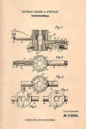 Original Patentschrift - H. Harms in Eystrup b. Hoya u. Nienburg , 1900 , Gewindeschneidkluppe , Gewindeschneider !!!