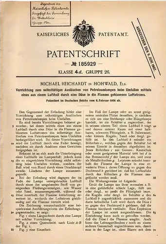 Original Patentschrift - M. Reichardt in Hohwald i. Elsass , 1906 , Petroleumlampen - Auslöscher !!!