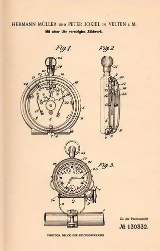 Original Patentschrift - P. Jokiel in Velten i.M., 1901 , Uhr mit Zählwerk !!!