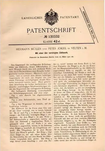 Original Patentschrift - P. Jokiel in Velten i.M., 1901 , Uhr mit Zählwerk !!!