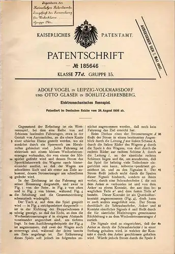 Original Patentschrift - O. Glaser in Böhlitz - Ehrenberg , 1906 , Elektromechanisches Rennspiel , Rennbahn , Autorennen