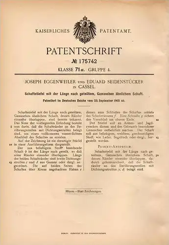Original Patentschrift - J.Eggenweiler in Cassel , 1905 , geteilte Schaftstiefel wie Gamaschen , Schuhe , Schuster !!!