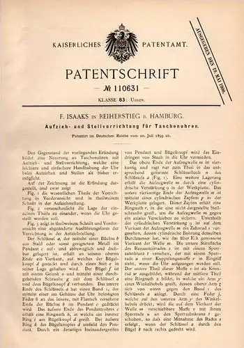 Original Patentschrift - F. Isaaks in Reiherstieg b. Hamburg , 1899 , Aufzieh- und Stellvorrichtung für Taschenuhr !!!