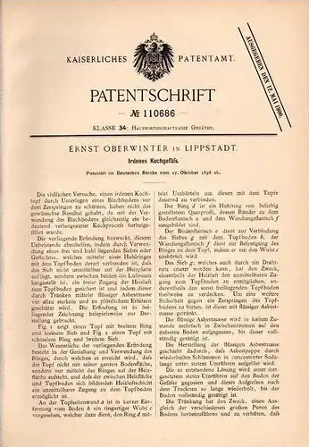 Original Patentschrift - E. Oberwinter in Lippstadt , 1898 , irdenes Kochgefäß , Kochtopf , Topf !!!