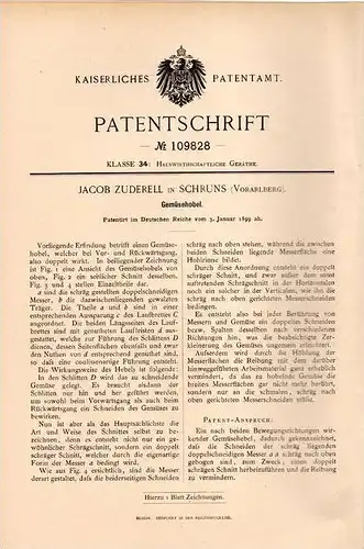 Original Patentschrift - J. Zuderell in Schruns , Vorarlberg , 1899 , Gemüsehobel , Gemüse !!!