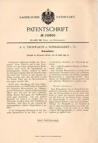 Original Patentschrift - A.G. Thorwarth in Schmalkalden i. Th., 1899 , Brennscheere !!!