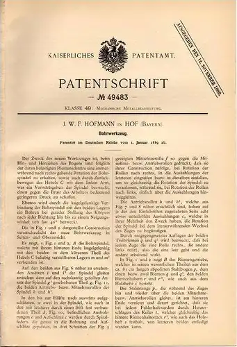 Original Patentschrift - J.W.F. Hofmann in Hof , Bayern , 1889 , Bohrwerkzeug , Bohrer !!!