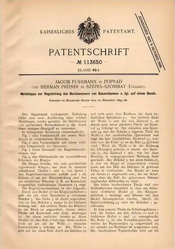 Original Patentschrift - H. Preiser in Poprád und Szepes - Szombat , Ungarn , 1899 , Meßkluppe für Baumstämme , Forst !!