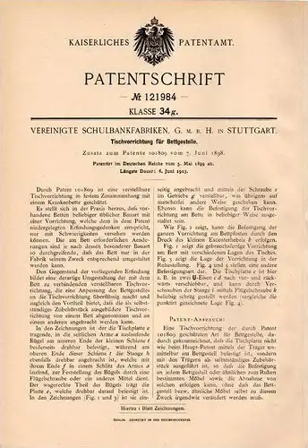 Original Patentschrift - Vereinigte Schulbankfabrik GmbH in Stuttgart , 1899 , Tischvorrichtung für Bettgestelle !!!