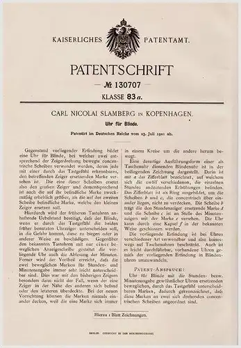 Original Patentschrift - Uhr für Blinde , 1901 , C. Slamberg in Kopenhagen , Blindheit , Blind , Blindenschrift !!!