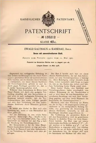 Original Patentschrift - E. Kalthaus in Kaiserau , Rheinland , 1901 , Landwirtschaft , Sense , Mähen !!!