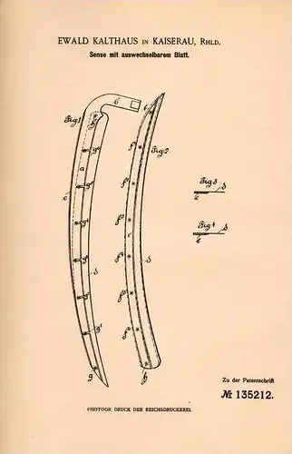 Original Patentschrift - E. Kalthaus in Kaiserau , Rheinland , 1901 , Landwirtschaft , Sense , Mähen !!!