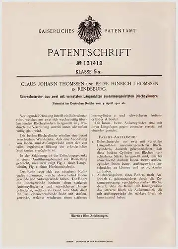 Original Patentschrift - C. Thomssen in Rendsburg , 1901 , Bohrschutzrohr mit Blechcylinder !!!