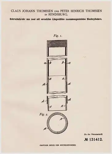 Original Patentschrift - C. Thomssen in Rendsburg , 1901 , Bohrschutzrohr mit Blechcylinder !!!