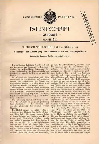 Original Patentschrift - F. Schnittker i Köln a. Rh., 1901 , Schablone für Schnittmuster von Kleidung , Schneiderei !!!