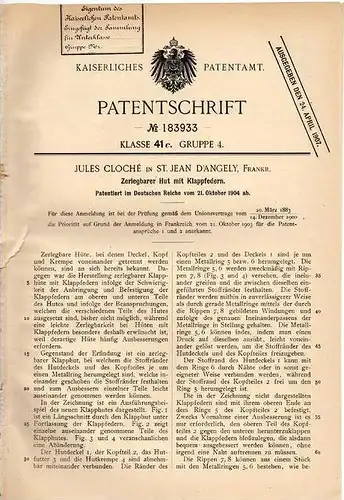 Original Patentschrift - Jules Cloché in St. Jean d´Angely , 1904 , zerlegbarer Hut !!!