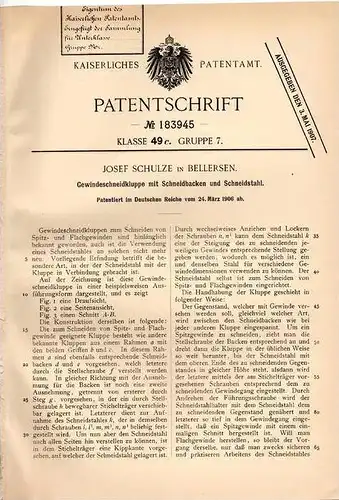 Original Patentschrift - J. Schulze in Bellersen , 1906 , Gewindeschneidkluppe , Gewindeschneider , Brakel b. Höxter !!!