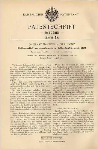 Original Patentschrift - Dr. E. Martens in Graudenz , 1899 , Kleidung aus luftdichtem Stoff !!!