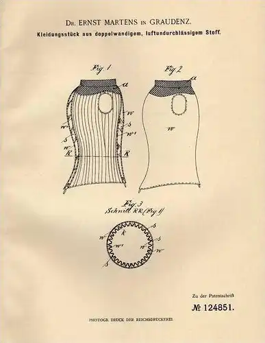 Original Patentschrift - Dr. E. Martens in Graudenz , 1899 , Kleidung aus luftdichtem Stoff !!!