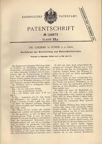Original Patentschrift - Th. Gremme in Lünen a.d. Lippe , 1900 , Holz - Schnitzerei , Holzschnitzerei !!!