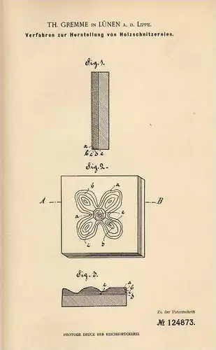 Original Patentschrift - Th. Gremme in Lünen a.d. Lippe , 1900 , Holz - Schnitzerei , Holzschnitzerei !!!
