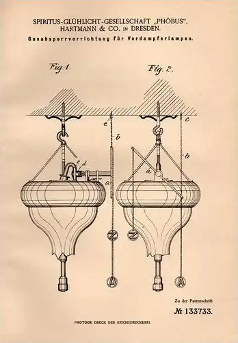 Original Patentschrift - Spiritus-Glühlicht-Ges. " PHÖBUS " in Dresden , 1901 , Verdampferlampen - Absperrer , Lampe !!!