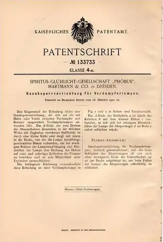 Original Patentschrift - Spiritus-Glühlicht-Ges. " PHÖBUS " in Dresden , 1901 , Verdampferlampen - Absperrer , Lampe !!!