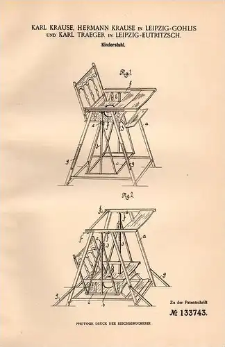 Original Patentschrift - Kinderstuhl , Schaukel , 1901 , K. Krause in Leipzig - Gohlis und Eutritzsch !!!