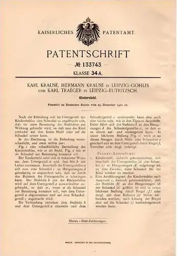 Original Patentschrift - Kinderstuhl , Schaukel , 1901 , K. Krause in Leipzig - Gohlis und Eutritzsch !!!