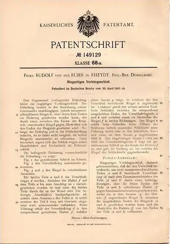 Original Patentschrift - Rudolf von der Ruhr in Rheydt , 1903 , ringartiges Vorhängeschloß , Schloß !!!