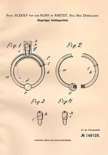 Original Patentschrift - Rudolf von der Ruhr in Rheydt , 1903 , ringartiges Vorhängeschloß , Schloß !!!