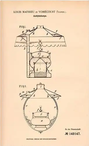 Original Patentschrift - Louis Mathieu in Vomécourt , 1903 , Acetylenlampe , Lampe , Acetylen !!!