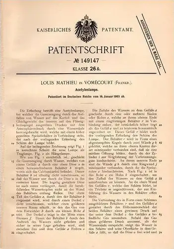 Original Patentschrift - Louis Mathieu in Vomécourt , 1903 , Acetylenlampe , Lampe , Acetylen !!!