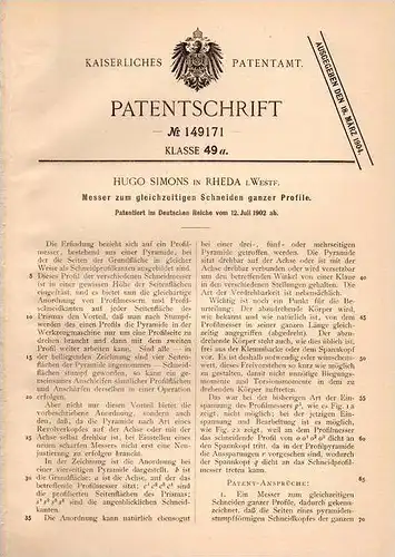 Original Patentschrift - Hugo Simons in Rheda i. Westf., 1902 , Messer zum Schneiden von Profil !!!