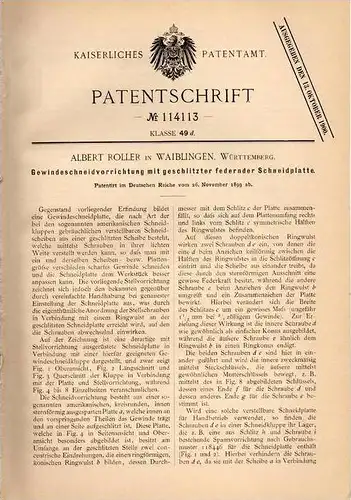 Original Patentschrift - A. Roller in Waiblingen , Württ., 1899 , Gewindeschneider , Kluppe !!!