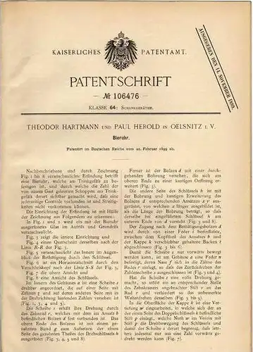 Original Patentschrift - P. Herold in Oelsnitz i.V., 1899 , Bieruhr , Uhr , Bier , Kneipe , Schänke !!!