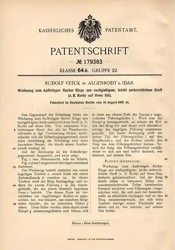 Original Patentschrift - R. Veeck in Algenrodt b. Idar , 1905 , Werkzeug für flache Ringe , Kork !!!