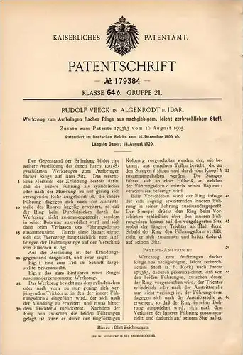 Original Patentschrift - R. Veeck in Algenrodt b. Idar , 1905 , Werkzeug für flache Ringe !!!