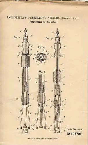 Original Patentschrift - E. Stefka in Rubengrube , Neurode , Grafsch. Glatz , 1898 , Bergbau , Fangwerkzeug für Bohrloch