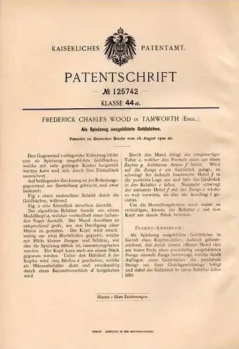 Original Patentschrift - F. Wood in Tamworth , 1900 , Spielzeug - Spardose , Geldbüchse , Sparkasse , Geld , Sparbüchse
