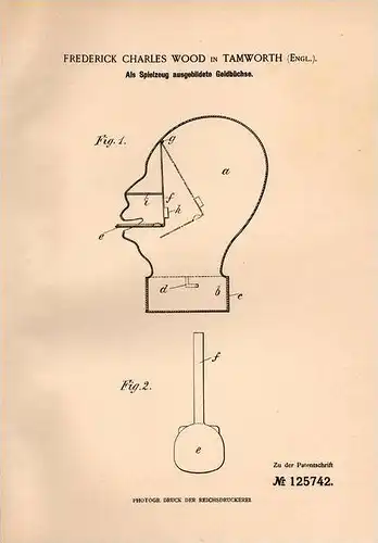 Original Patentschrift - F. Wood in Tamworth , 1900 , Spielzeug - Spardose , Geldbüchse , Sparkasse , Geld , Sparbüchse