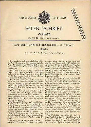 Original Patentschrift - Hutkoffer , Hut , 1898 , G. Schoenleber in Stuttgart , Hüte !!!