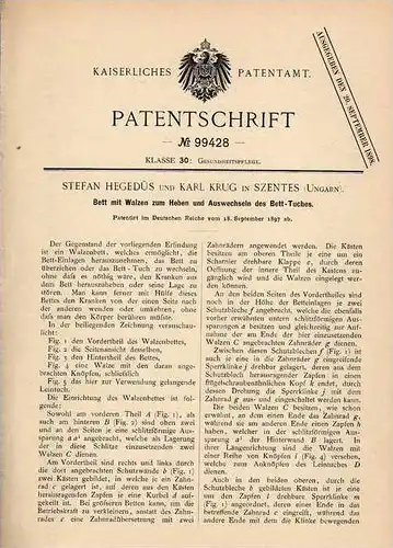 Original Patentschrift - K. Krug in Szentes , Ungarn , 1897 , Bett mit Walzen !!!