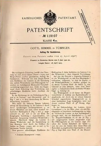 Original Patentschrift - Gottl Himmel in Tübingen , 1900 , Aufzug für Gaslaternen , Laterne , Lampe !!!