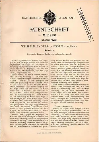 Original Patentschrift - Monocle , 1900 , W. Engels in Essen a.d. Ruhr , Brille , Sehglas , Optiker !!!